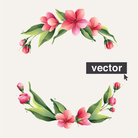 Wreath illustration with Sakura blooming flowers. Vector realistic watercolor style. Pink cherry blossom, petals, branches, and green leaves. Perfect for wedding invitations, greeting cards, eco postersの写真素材