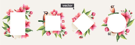 Beautiful vector frames set with watercolor cherry blooming flowers, gold lines, Titmouse, Sakura hieroglyph, and green leaves. Perfect for wedding invitations, greeting cards, Mother's Day posters.の写真素材