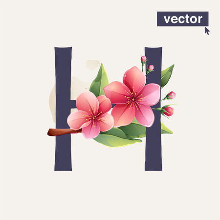 H letter logo with Sakura blooming flowers. Vector realistic watercolor style. Pink cherry petals, bud, branch, and green leaves. Perfect for wedding invitations, greeting cards, Mother's Day posters.の写真素材