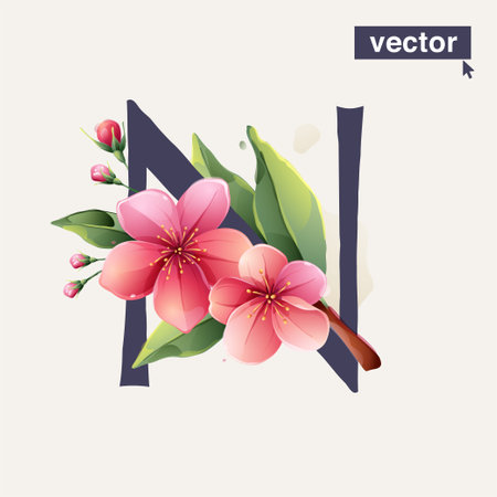 N letter logo with Sakura blooming flowers. Vector realistic watercolor style. Pink cherry petals, bud, branch, and green leaves. Perfect for wedding invitations, greeting cards, Mother's Day posters.の写真素材