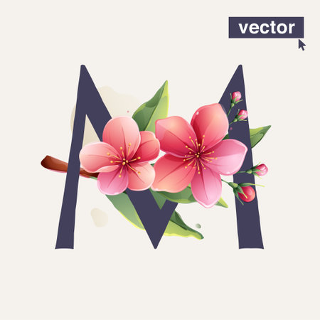 M letter logo with Sakura blooming flowers. Vector realistic watercolor style. Pink cherry petals, bud, branch, and green leaves. Perfect for wedding invitations, greeting cards, Mother's Day posters.の写真素材