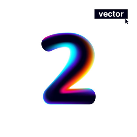 2 . Number two with neon glitch. Multicolor gradient sign with double exposure and illusion effect. Glowing color shift vector icon. Perfect for your vibrant heading, game screens, Sale banner.のイラスト素材