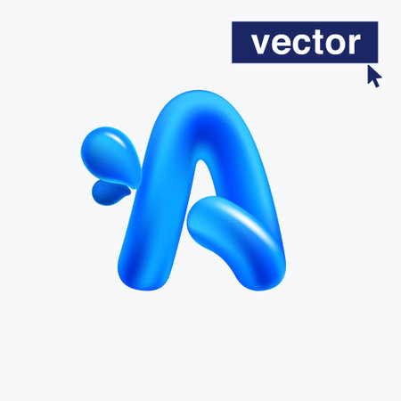 A letter logo made of blue clear water and dew drops. 3D realistic plastic cartoon balloon style. Glossy vector illustration. Perfect for eco-friendly banners, vibrant emblem, healthy food art.のイラスト素材