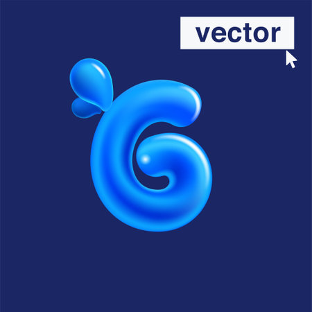 6 logo. Number six made of blue clear water and dew drops. 3D realistic plastic cartoon balloon style. Glossy vector illustration. Perfect for eco-friendly banners, vibrant emblem, healthy food art.のイラスト素材