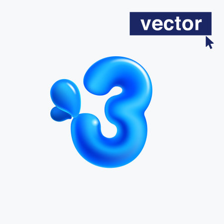 3 logo. Number three made of blue clear water and dew drops. 3D realistic plastic cartoon balloon style. Glossy vector illustration. Perfect for eco-friendly banners, vibrant emblem, healthy food art.のイラスト素材