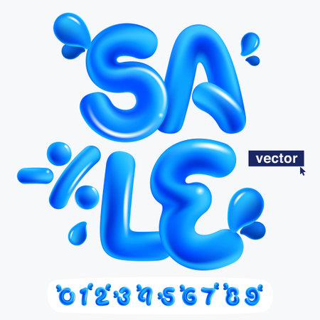 Sale lettering with numbers set made of blue clear water and dew drops. 3D realistic plastic cartoon balloon style. Glossy vector illustration. Perfect for eco-friendly banners, healthy food art.のイラスト素材