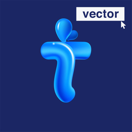 T letter logo made of blue clear water and dew drops. 3D realistic plastic cartoon balloon style. Glossy vector illustration. Perfect for eco-friendly banners, vibrant emblem, healthy food art.のイラスト素材