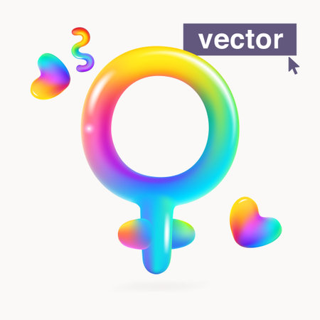 Female sex with hearts the gay pride rainbow logo. plastic cartoon style. Vector 3D render style glossy colorful emblem. Perfect for creative LGBT app, Valentine's Day design, homosexual advertising.のイラスト素材