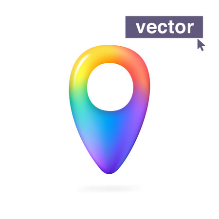 mark location. Locate pin GPS map multicolor gradient logo. plastic cartoon style. Vector 3D render style glossy colorful emblem. Perfect for creative cute app, modern design, vibrant advertising.のイラスト素材