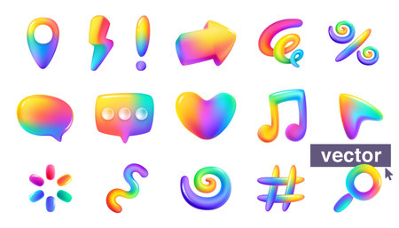 Speech bubble, Location mark, Spiral curve, Music note, Lightning, Arrow, Exclamation sign, Loading icon, Lupe, Heart rainbow icons. plastic cartoon style. Vector 3D render style glossy colorful set.のイラスト素材