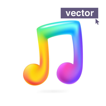 Music note rainbow-colored logo. Plastic cartoon style. Vector 3D render style glossy colorful emblem. Perfect for creative cute app, modern nightlife design, vibrant blockchain advertising.のイラスト素材