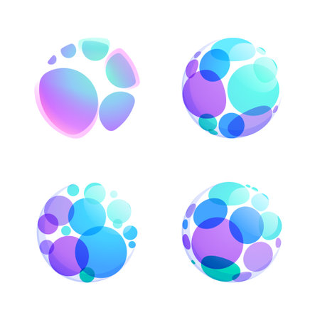 Multicolor fintech logo. Abstract sphere icon. Gradients inside circle. Vector colorful lilac emblem. Perfect for your blockchain app, vibrant branding, banking identity, e-commerce business.のイラスト素材