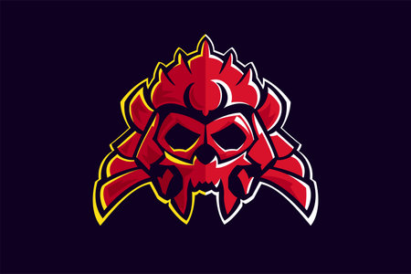 Skull in samurai helmet. Japanese esports gaming high detailed logo set. Japanese warrior character. Gamer sport team mascot design. Vector for horror genre, racing, or flight badge.のイラスト素材