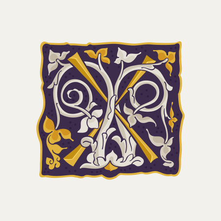 X letter drop cap logo. Square medieval initial with gold texture and white vine. Renaissance calligraphy emblem. Vector premium elements for luxury identity, vintage package, engraved charter, etc.のイラスト素材
