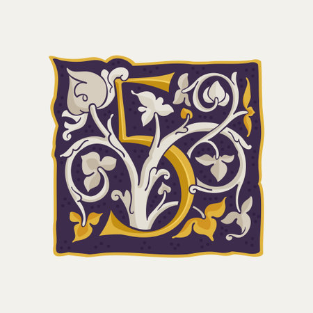 5 logo. Number five drop cap. Medieval initial with gold texture and white vine. Renaissance calligraphy emblem. Vector premium elements for luxury identity, vintage package, engraved charter, etc.のイラスト素材