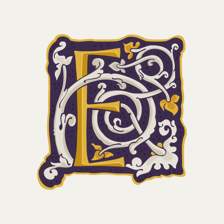 E letter drop cap  . Square medieval initial with gold texture and white vine. Renaissance calligraphy emblem. Vector premium elements for luxury identity, vintage package, engraved charter, etc.のイラスト素材