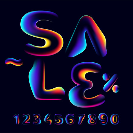 Sale lettering with numbers set with neon glitch. Multicolor gradient signs with double exposure and illusion effect. Glowing color shift vector icon. Perfect for your vibrant heading, web banner.のイラスト素材