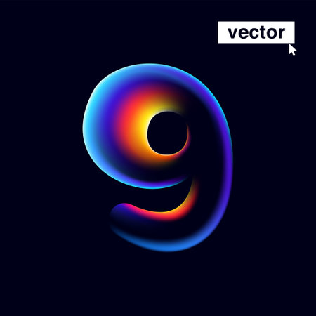 9 logo. Number nine with neon glitch. Multicolor gradient sign with double exposure and illusion effect. Glowing color shift vector icon. Perfect for your vibrant heading, game screens, Sale banner.のイラスト素材