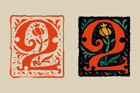 2 logo. Number two medieval grunge gothic initial. 16th century engraved drop cap. Blackletter style vintage font. Middle Ages capital icon with floral ornament. Vector square shaped calligraphy.のイラスト素材