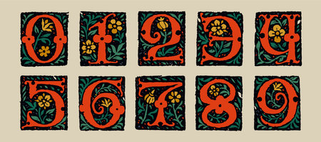 0 to 9 numbers set. Medieval grunge gothic initial. 16th century engraved drop cap. Blackletter style vintage font. Middle Ages capital icons with floral ornament. Vector square shaped calligraphy.のイラスト素材