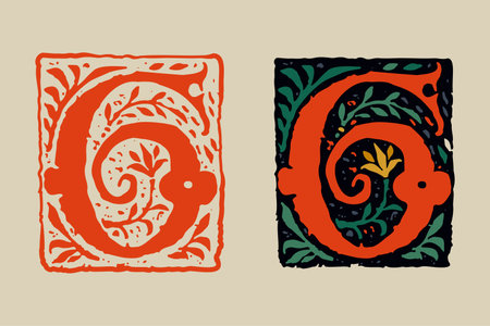 6 logo. Number six medieval grunge gothic initial. 16th century engraved drop cap. Blackletter style vintage font. Middle Ages capital icon with floral ornament. Vector square shaped calligraphy.のイラスト素材