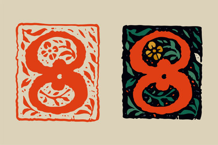 8 logo. Number eight medieval grunge gothic initial. 16th century engraved drop cap. Blackletter style vintage font. Middle Ages capital icon with floral ornament. Vector square shaped calligraphy.のイラスト素材
