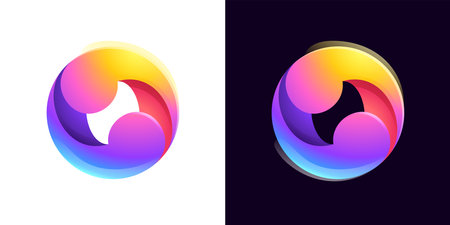 Multicolor fintech logo. Abstract gradient sphere icon. Yin and yang circle emblem. Vector colorful lilac sign. Perfect for blockchain app, vibrant branding, banking identity, e-commerce business.のイラスト素材