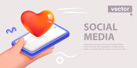 Hand holding mobile phone with red heart icon. Realistic 3D render like symbol design. Vector art in fun cartoon plastic style. Social Media illustration with white screen for your design.のイラスト素材