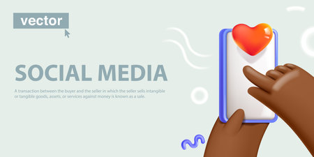 Hand holding mobile phone with red heart icon. Realistic 3D render like symbol design. Vector art in fun cartoon plastic style. Social Media illustration with white screen for your design.のイラスト素材
