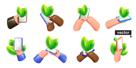 Hands holding smartphone with white screen, green leaves and spheres. Mobile phone gadget mockup. Realistic 3D design in cartoon plastic style. Vector illustration for your ecology Social Media designの写真素材