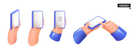 Hands holding smartphone with white screen. Mobile phone and tablet mockup. Realistic 3D design in cartoon plastic style. Vector illustration of electronic gadgets for your Social Media design.のイラスト素材
