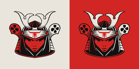 Samurai head in mask and helmet. Japanese esports gaming high detailed logo. Japanese Ronin warrior soldier character. Gamer sport team mascot design. Vector for horror t-shirt or fight badge.のイラスト素材