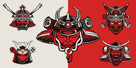 Samurai heads in mask and helmet set. Japanese esports gaming high detailed logos. Japanese Ronin warrior soldier character. Gamer sport team mascot design. Vector for horror t-shirt or fight badge.のイラスト素材