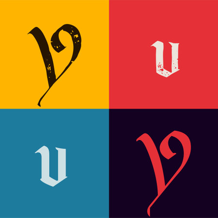 Gothic style letter V logo. Calligraphy uppercase and lowercase letters. Antique vintage blackletter vector set. Medieval Germanic font for tattoos, stylish calligraphy, luxury masthead, halloween.のイラスト素材