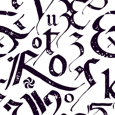 Medieval seamless pattern of calligraphic letters, grunge text print. Blackletter gothic calligraphy. Ornamental composition. Vector illustration with illuminated initials. Vintage template label.のイラスト素材