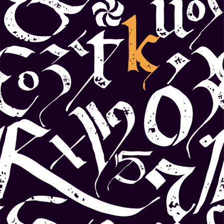 Medieval seamless pattern of calligraphic letters, grunge text print. Blackletter gothic calligraphy. Ornamental composition. Vector illustration with illuminated initials. Vintage template label.のイラスト素材