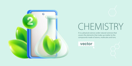 Phone, chemical cone flask with liquid, green leaves, and notification circle. Eco illustration. Realistic Vector 3D render in cartoon plastic style. Agriculture, Botany laboratory art for web banner.の写真素材