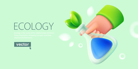 Hand holding chemical cone flask with liquid and green leaves inside. Eco illustration. Realistic Vector 3D render in cartoon plastic style. Agriculture, Education, Research lab art for web banner.のイラスト素材
