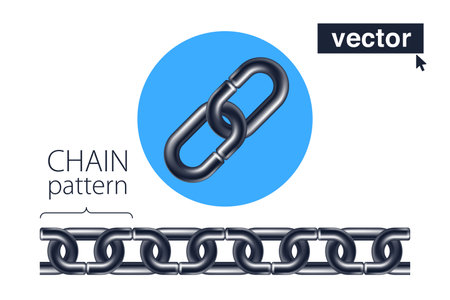 Metal chain links. Vector pattern easy to extend to desired length. Realistic 3D render in fun cartoon plastic style. Perfect template for strong teamwork, shipping app, industrial logo, web design.のイラスト素材