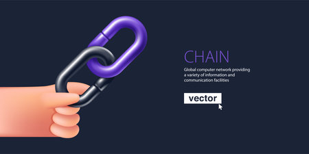 Hand holding hyperlink icon. Chain links in 3D cartoon plastic style. Realistic vector icon render. teamwork emblem. Connection symbol for blockchain design, hotspot logo, crypto currency app, NFT UI.のイラスト素材
