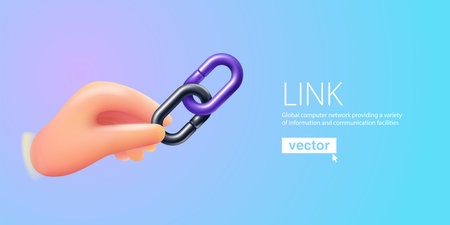 Hand holding chain links in 3D cartoon plastic style. Realistic vector hyperlink icon render. Teamwork emblem. Connection symbol for your blockchain design, hotspot logo, crypto currency app, NFT UI.のイラスト素材