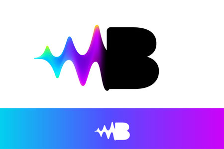 Letter B logo with sound wave flow. Vibrant line glitch effect. Multicolor neon gradient icon. Vector font for audio label, multimedia company advertising, DJ posters, game screens, music identity.のイラスト素材