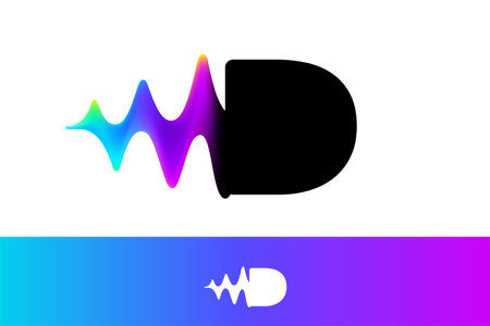 Letter D logo with sound wave flow. Vibrant line glitch effect. Multicolor neon gradient icon. Vector font for audio label, multimedia company advertising, DJ posters, game screens, music identity.のイラスト素材