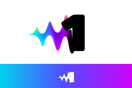1 logo. Number one with sound wave flow. Vibrant line glitch effect. Multicolor neon gradient icon. Vector font for audio label, multimedia advertising, DJ posters, game screens, music identity.のイラスト素材