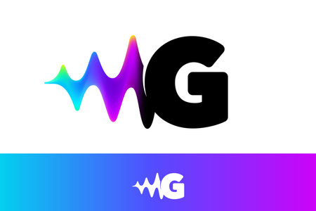Letter G logo with sound wave flow. Vibrant line glitch effect. Multicolor neon gradient icon. Vector font for audio label, multimedia company advertising, DJ posters, game screens, music identity.のイラスト素材
