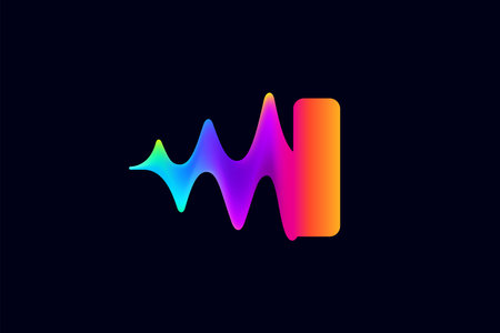 I letter logo with pulse music player element. Vibrant sound wave flow line and glitch effect. Neon gradient icon. Vector template for techno store, electronic music, audio equalizer, DJ posters.のイラスト素材