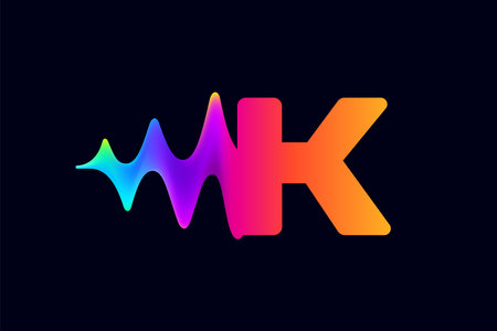 K letter logo with pulse music player element. Vibrant sound wave flow line and glitch effect. Neon gradient icon. Vector template for techno store, electronic music, audio equalizer, DJ posters.のイラスト素材