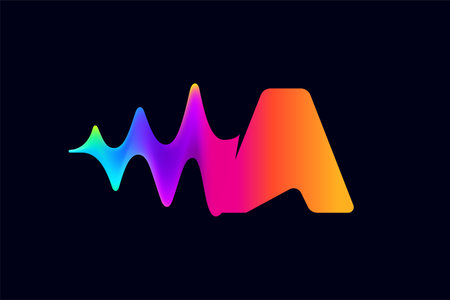 A letter logo with pulse music player element. Vibrant sound wave flow line and glitch effect. neon gradient icon. Vector template for techno store, electronic music, audio equalizer, DJ posters.のイラスト素材