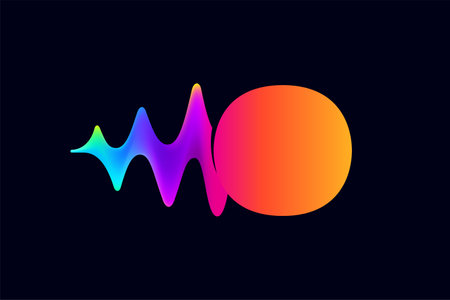 O letter logo with pulse music player element. Vibrant sound wave flow line and glitch effect. Neon gradient icon. Vector template for techno store, electronic music, audio equalizer, DJ posters.のイラスト素材
