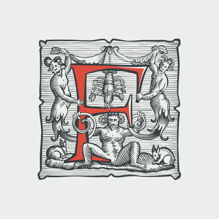 Gothic F letter logo. Medieval dropcap. Devil, witches and ghosts in hell. Engraving hatching illustration. Germanic font for bewitchment labels, pagan music, black magic posters, potions packaging.のイラスト素材